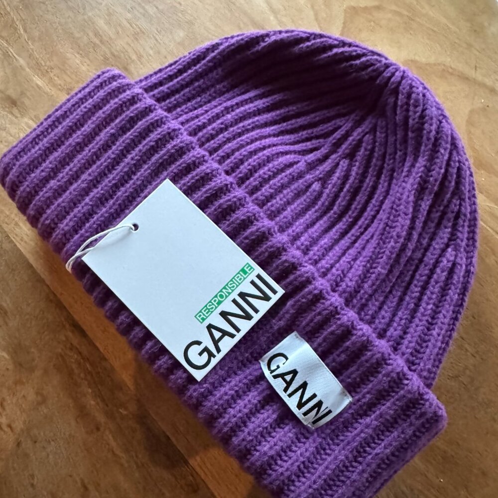 Ganni Oversized Wool Rib Knit Beanie Royal Purple